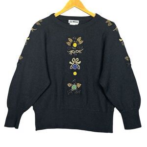 VTG  80s La Mittini Wool Angora Sweater L Black Floral‎ Embroidered Beaded Retro